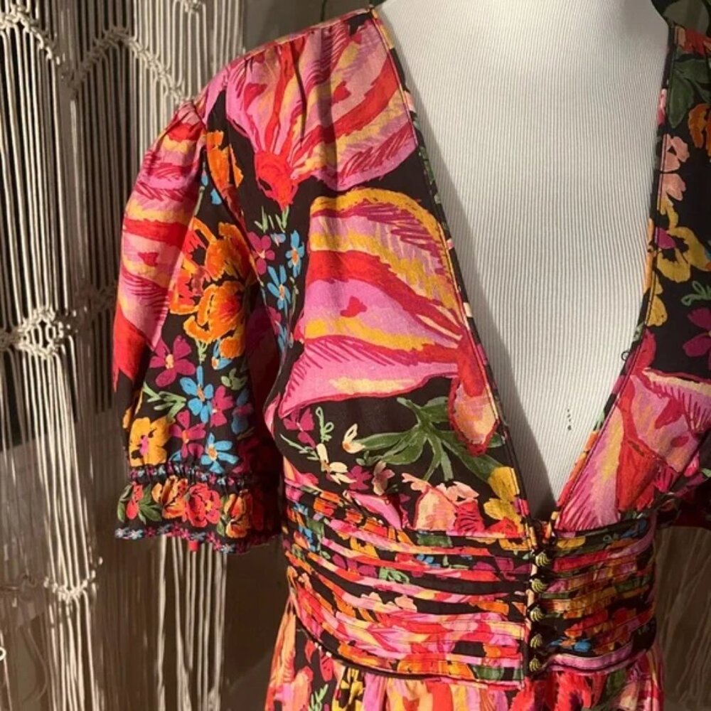 RARE Farm Rio Spring Banana Floral Mini Dress Pleated V-Neck Black XL - Picture 5 of 7